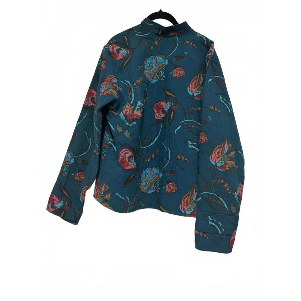 Anu by Naturals silk/cotton blend green floral button down jacket sz L #1492 - Picture 2 of 2